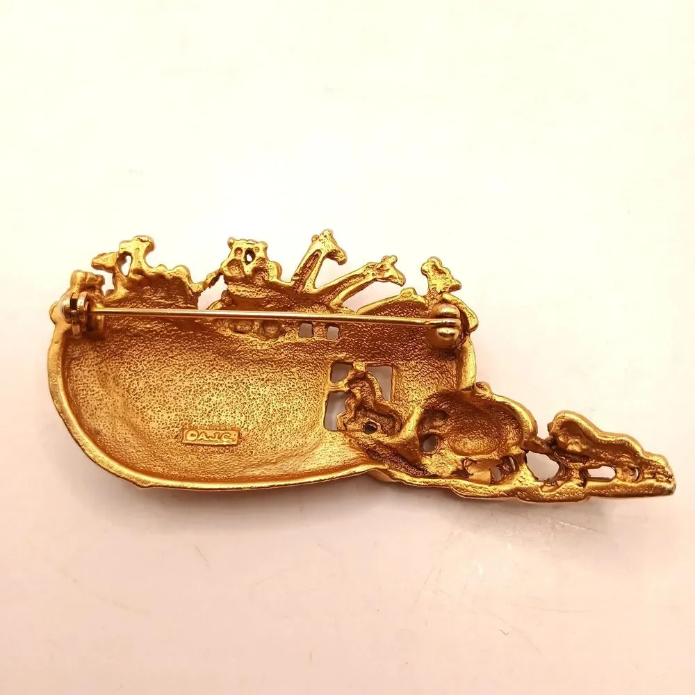 Vintage Noah's Ark Brooch Pin Bible Religious Gold Tone Metal Signed AJC